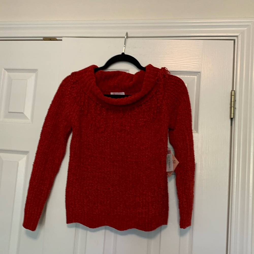 I love pinc sweater cowl neck with fringe trim